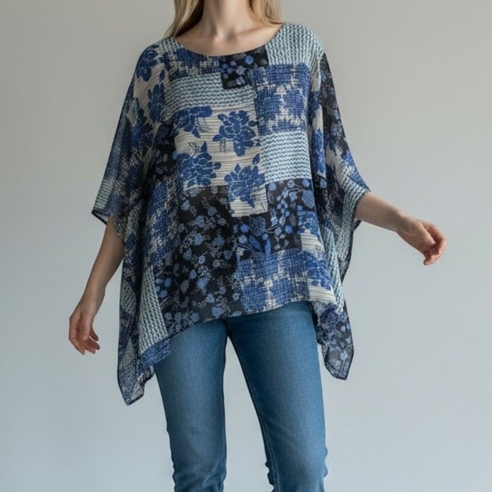 Karen Kane Patchwork Print Poncho Blouse in Blue & Black Size XL
